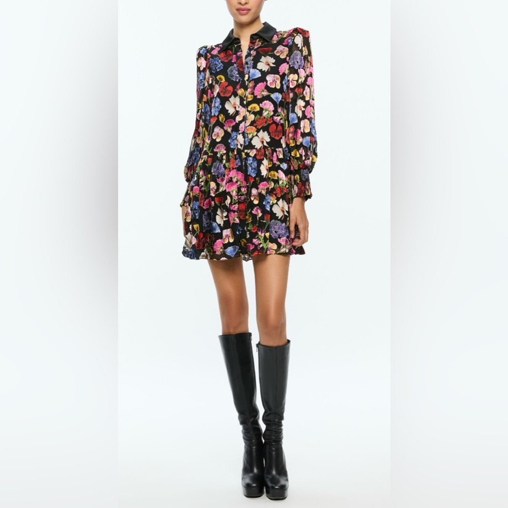 Alice + Olivia BERTHA MINI SHIRT DRESS Sz L / 12 Timeless Blossom Floral - Picture 2 of 13